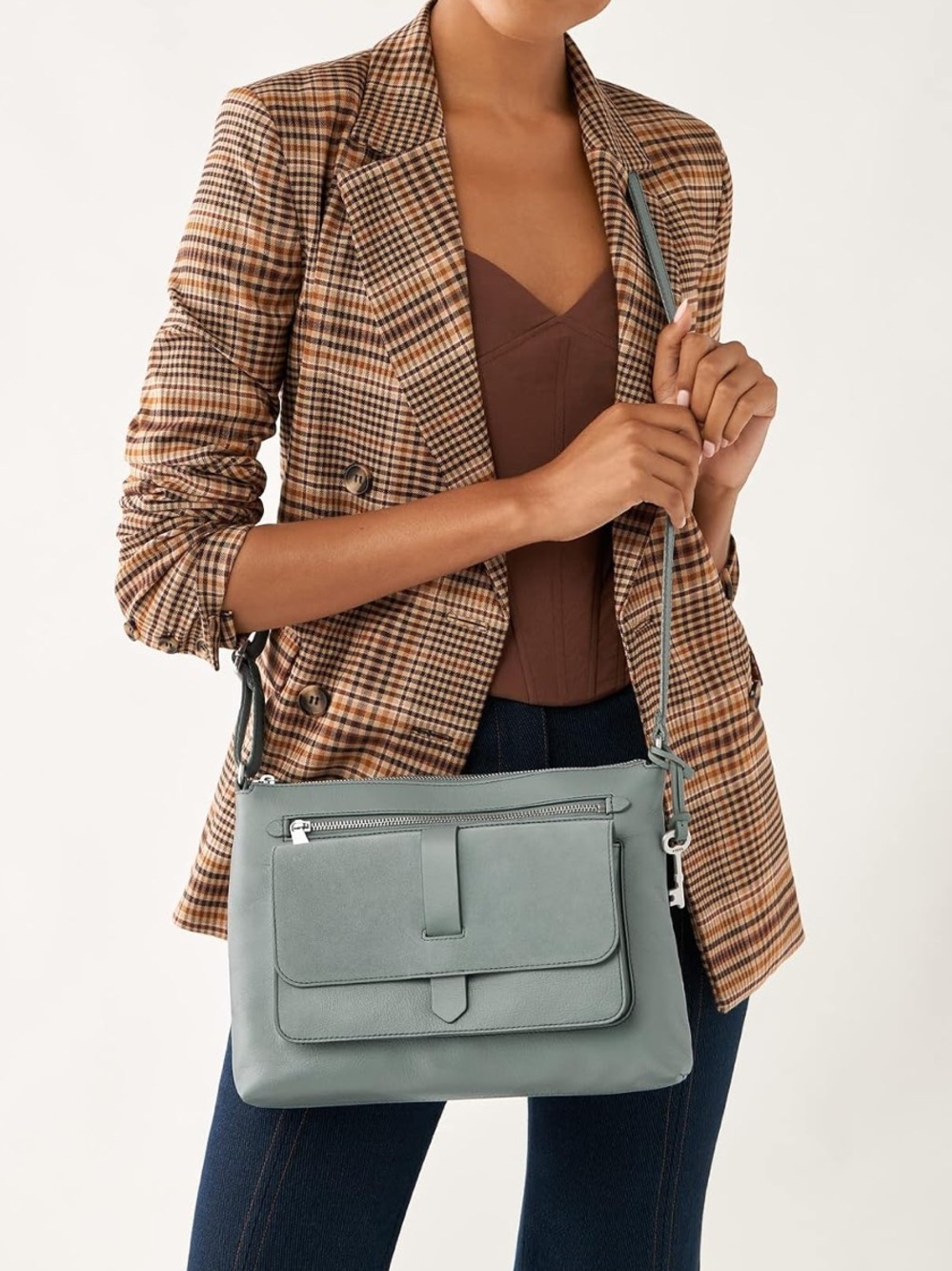 Fossil Women's Kinley Crossbody Handbag Light Blue Gray Leather
